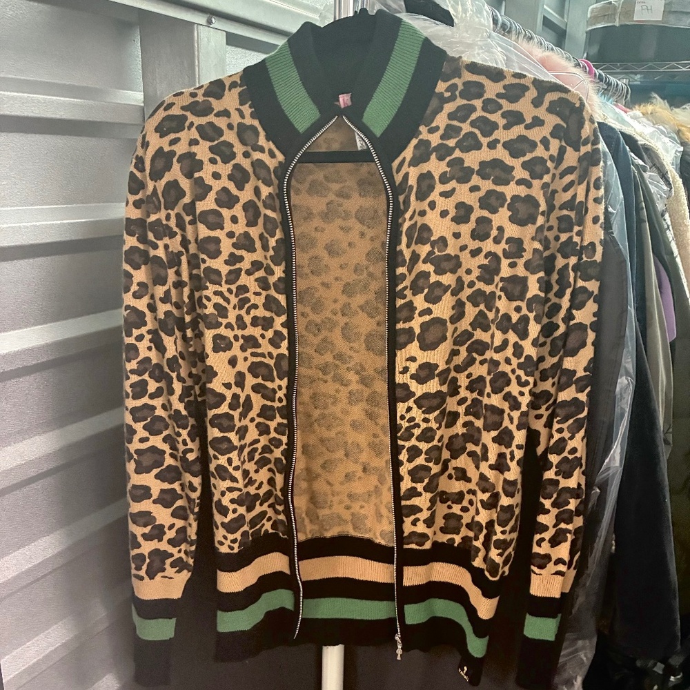 Kitson LA Cashmere Zip Up Jacket Striped Animal Print Lightweight